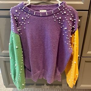 Mardi Gras Sweater with Pearl Embellishment